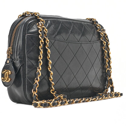 CHANEL Matelasse with Pull Charm Round Double Chain Shoulder Bag Lambskin Black Gold -Tone Hardware, Pre-Owned
