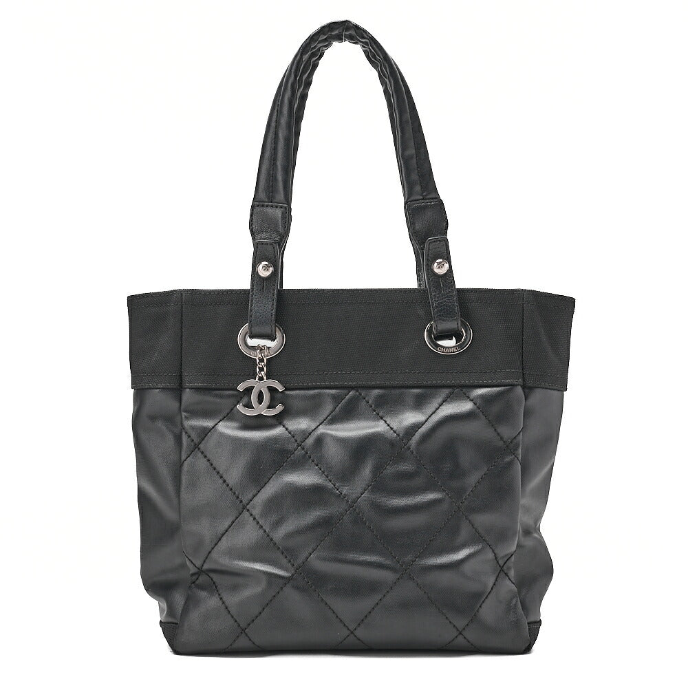CHANEL Tote Bag Coated Canvas Paris Ritz PM Coco Charm Black Silver-Tone Hardware, Pre-Owned
