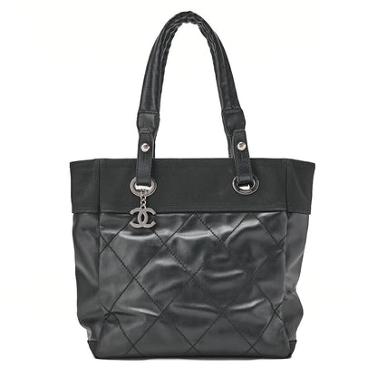 CHANEL Tote Bag Coated Canvas Paris Ritz PM Coco Charm Black Silver-Tone Hardware, Pre-Owned