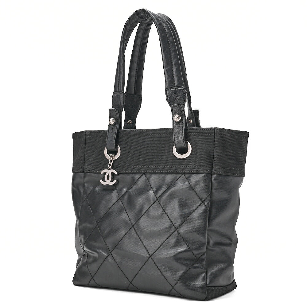 CHANEL Tote Bag Coated Canvas Paris Ritz PM Coco Charm Black Silver-Tone Hardware, Pre-Owned