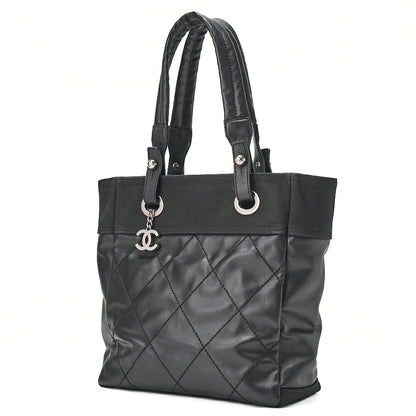 CHANEL Tote Bag Coated Canvas Paris Ritz PM Coco Charm Black Silver-Tone Hardware, Pre-Owned