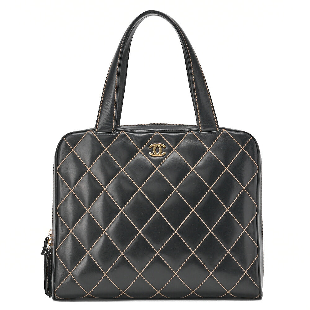 CHANEL Coco Mark Wild Stitch Handbag Calf Leather Black Gold-Tone Hardware, Pre-Owned