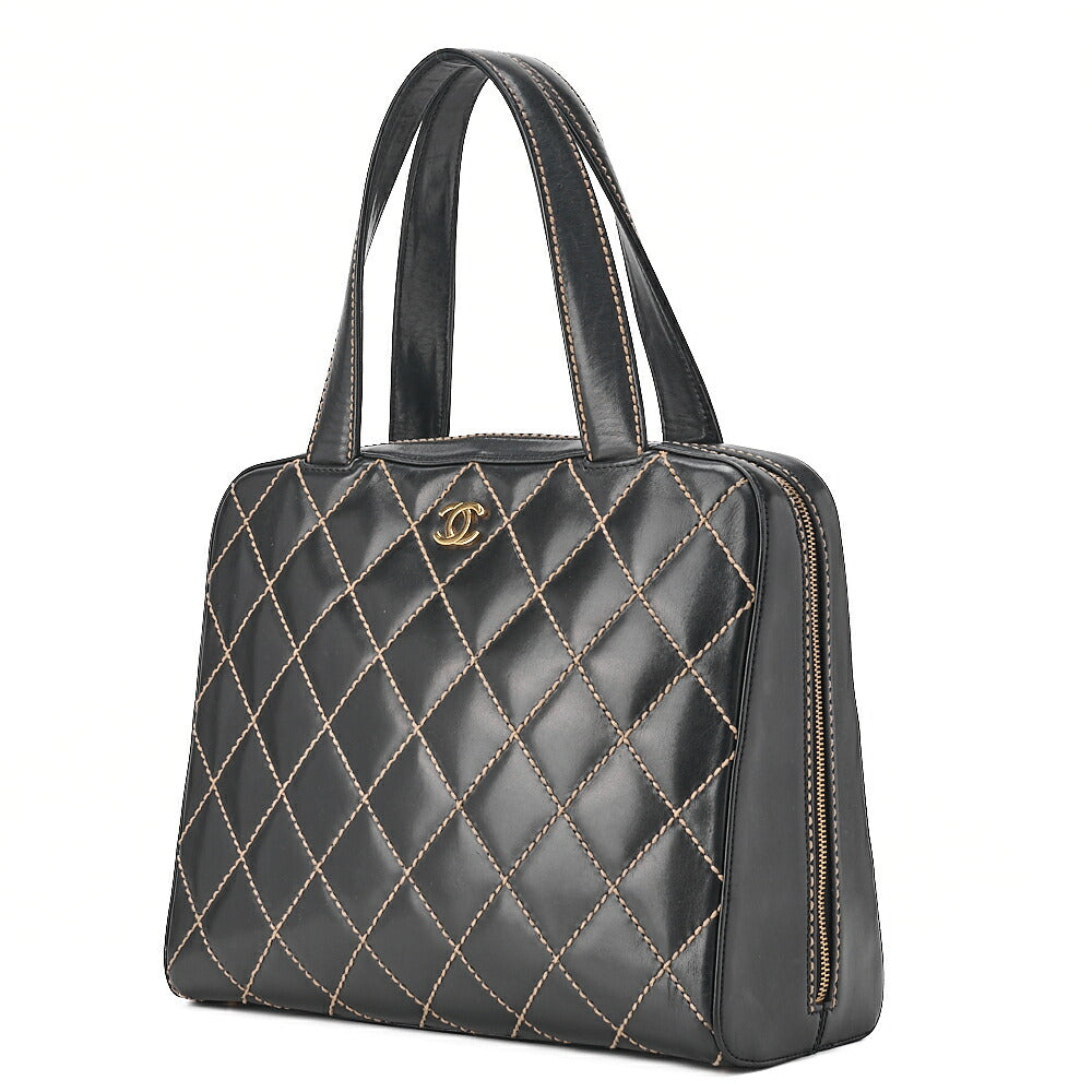 CHANEL Coco Mark Wild Stitch Handbag Calf Leather Black Gold-Tone Hardware, Pre-Owned