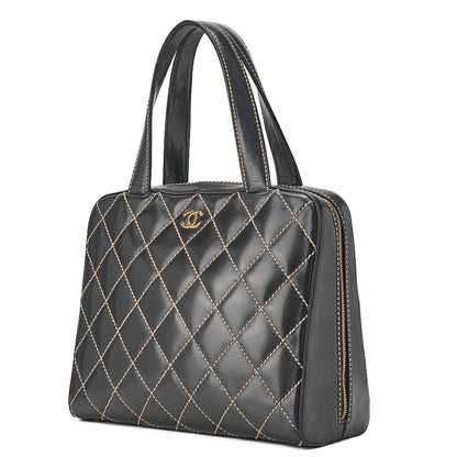 CHANEL Coco Mark Wild Stitch Handbag Calf Leather Black Gold-Tone Hardware, Pre-Owned