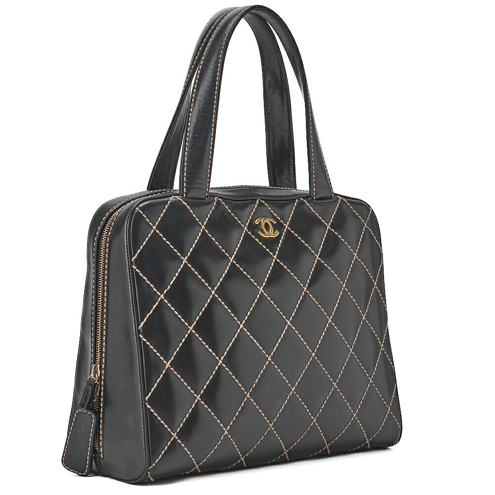 CHANEL Coco Mark Wild Stitch Handbag Calf Leather Black Gold-Tone Hardware, Pre-Owned