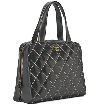 CHANEL Coco Mark Wild Stitch Handbag Calf Leather Black Gold-Tone Hardware, Pre-Owned
