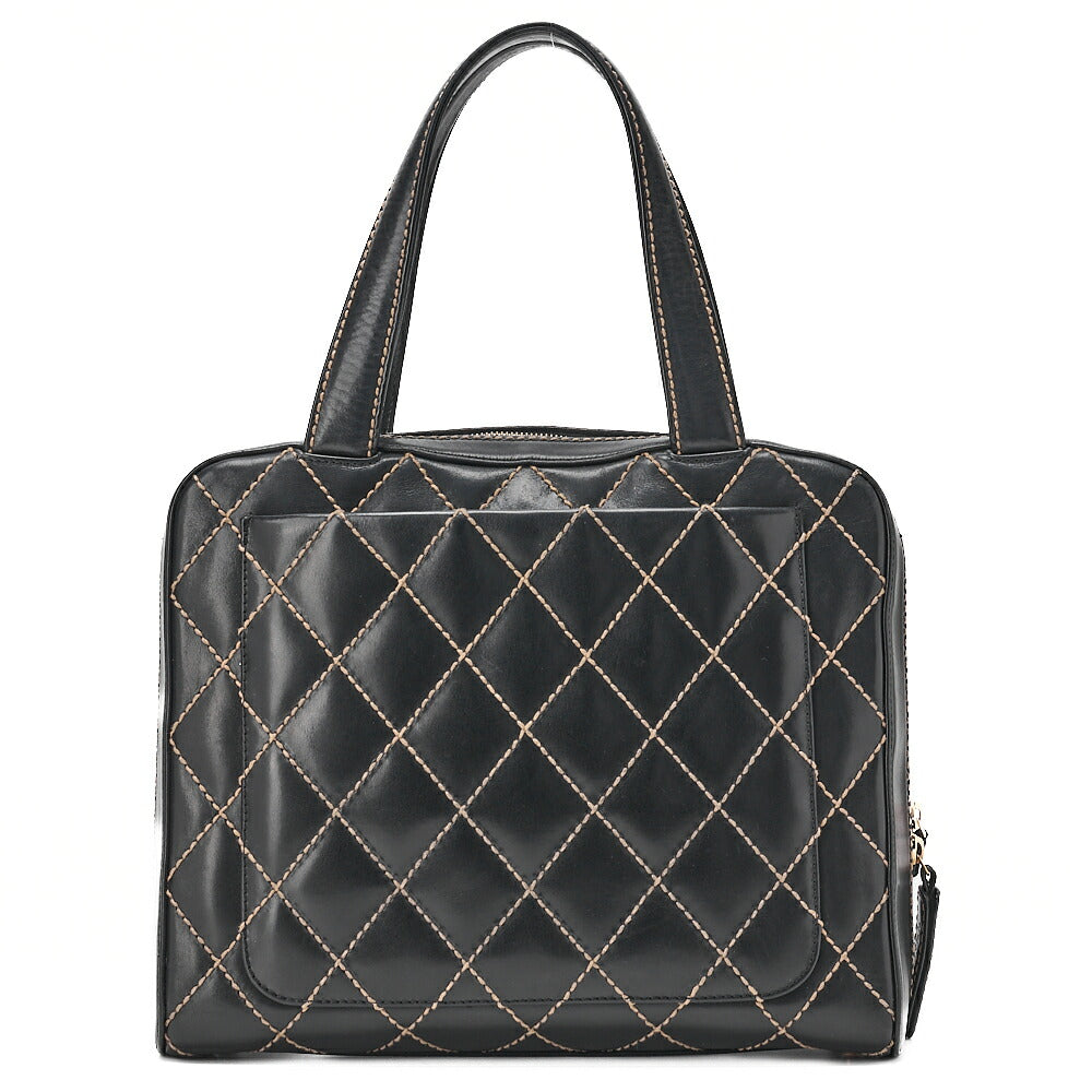 CHANEL Coco Mark Wild Stitch Handbag Calf Leather Black Gold-Tone Hardware, Pre-Owned