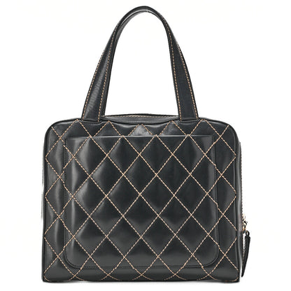 CHANEL Coco Mark Wild Stitch Handbag Calf Leather Black Gold-Tone Hardware, Pre-Owned