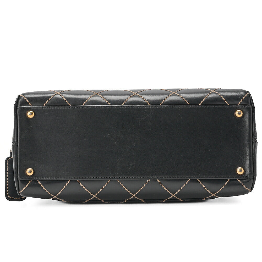 CHANEL Coco Mark Wild Stitch Handbag Calf Leather Black Gold-Tone Hardware, Pre-Owned