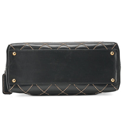 CHANEL Coco Mark Wild Stitch Handbag Calf Leather Black Gold-Tone Hardware, Pre-Owned