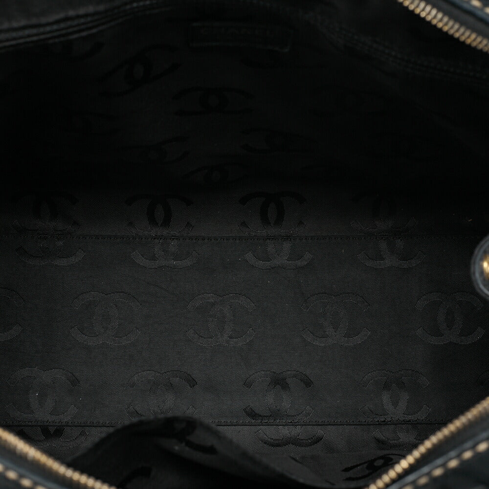 CHANEL Coco Mark Wild Stitch Handbag Calf Leather Black Gold-Tone Hardware, Pre-Owned