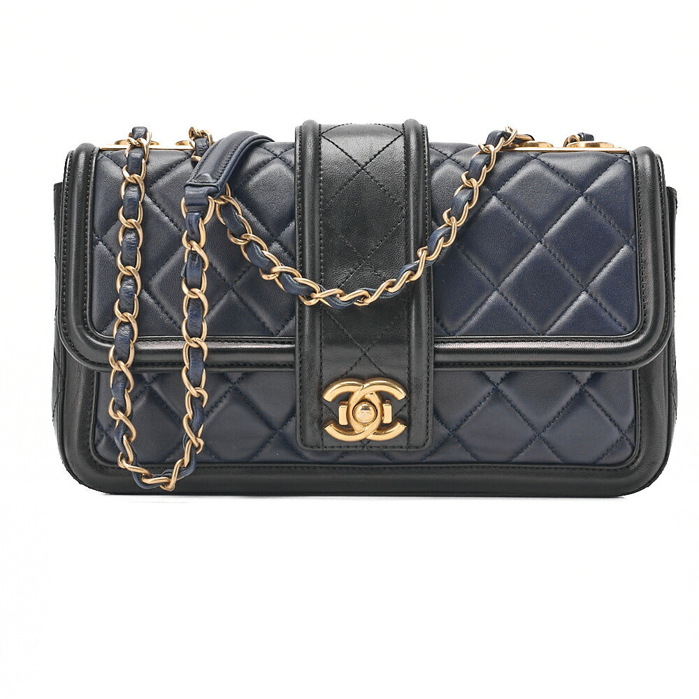 CHANEL Lambskin Boy Chanel Single Chain Shoulder  Black x Navy Gold-Tone Hardware, Pre-Owned