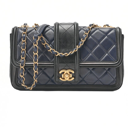 CHANEL Lambskin Boy Chanel Single Chain Shoulder  Black x Navy Gold-Tone Hardware, Pre-Owned