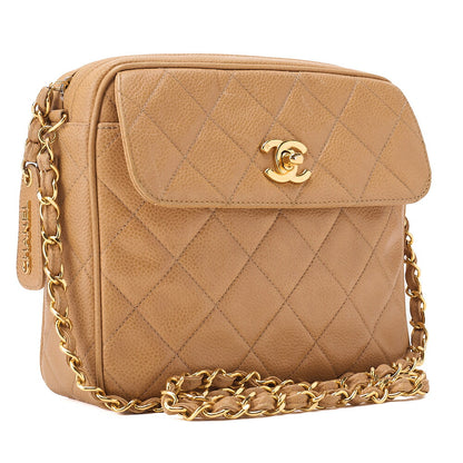 CHANEL Matelasse  Turnlock Chain Shoulder Logo Charm Caviarski Beige Gold-Tone Hardware, Pre-Owned