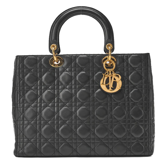 Dior Lady Dior Cannage Handbag Large Size Lambskin Gold-Tone Hardware, Pre-Owned