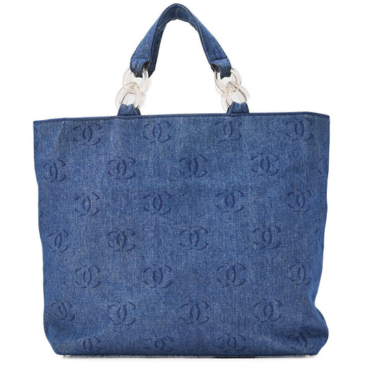 CHANEL Denim Coco Mark Large Size Tote Bag Silver-Tone Hardware, Pre-Owned