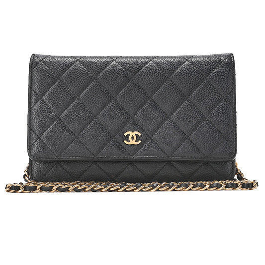 CHANEL Matelasse Chain Wallet Caviar Skin Black Gold -Tone Hardware, Pre-Owned
