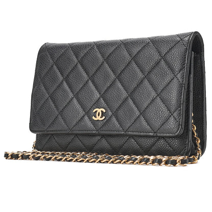 CHANEL Matelasse Chain Wallet Caviar Skin Black Gold -Tone Hardware, Pre-Owned