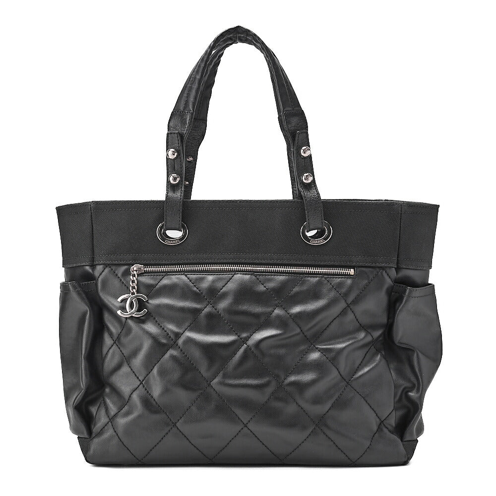 CHANEL Tote Bag Coated Canvas Paris Biarritz GM Coco Charm Black Silver-Tone Hardware, Pre-Owned