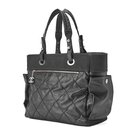 CHANEL Tote Bag Coated Canvas Paris Biarritz GM Coco Charm Black Silver-Tone Hardware, Pre-Owned