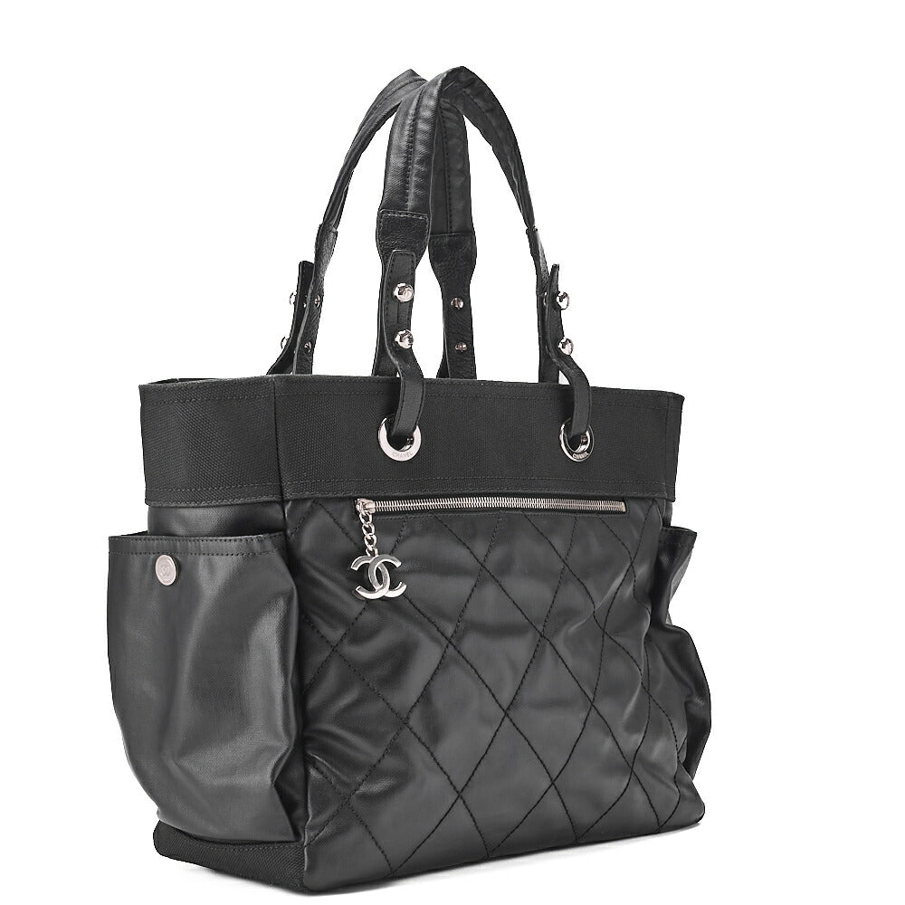CHANEL Tote Bag Coated Canvas Paris Biarritz GM Coco Charm Black Silver-Tone Hardware, Pre-Owned