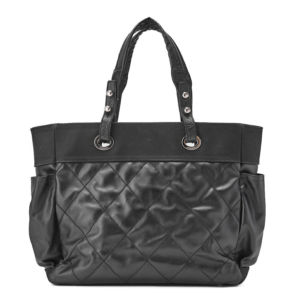 CHANEL Tote Bag Coated Canvas Paris Biarritz GM Coco Charm Black Silver-Tone Hardware, Pre-Owned