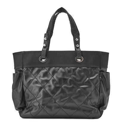 CHANEL Tote Bag Coated Canvas Paris Biarritz GM Coco Charm Black Silver-Tone Hardware, Pre-Owned