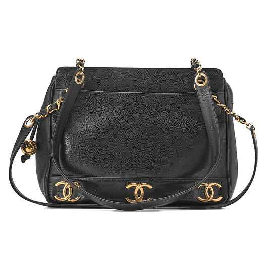 CHANEL Caviar Skin Triple Coco with Ball Charm W Chain Shoulder Black Gold -Tone Hardware, Pre-Owned