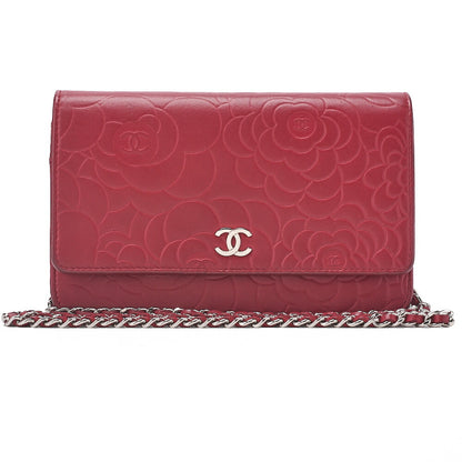 CHANEL Shoulder Bag Chain Wallet Lambskin Red Silver-Tone Hardware, Pre-Owned