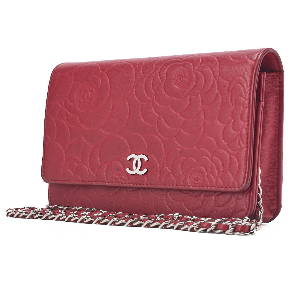 CHANEL Shoulder Bag Chain Wallet Lambskin Red Silver-Tone Hardware, Pre-Owned