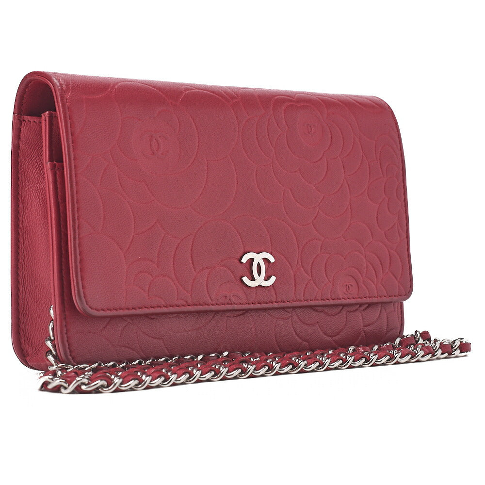 CHANEL Shoulder Bag Chain Wallet Lambskin Red Silver-Tone Hardware, Pre-Owned