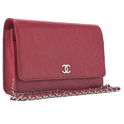 CHANEL Shoulder Bag Chain Wallet Lambskin Red Silver-Tone Hardware, Pre-Owned
