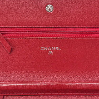 CHANEL Shoulder Bag Chain Wallet Lambskin Red Silver-Tone Hardware, Pre-Owned