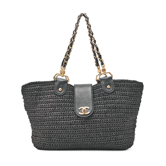 CHANEL Coco Mark Raffia x Leather Chain Tote Bag Turnlock Navy Gold -Tone Hardware, Pre-Owned