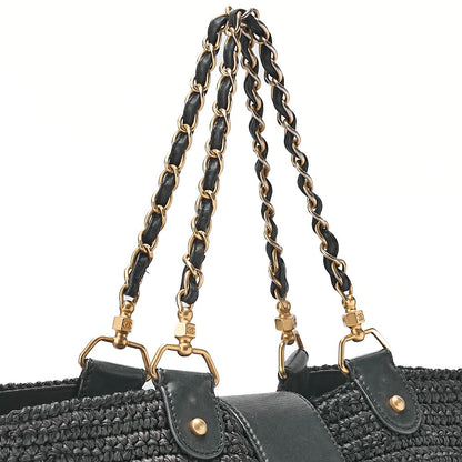 CHANEL Coco Mark Raffia x Leather Chain Tote Bag Turnlock Navy Gold -Tone Hardware, Pre-Owned