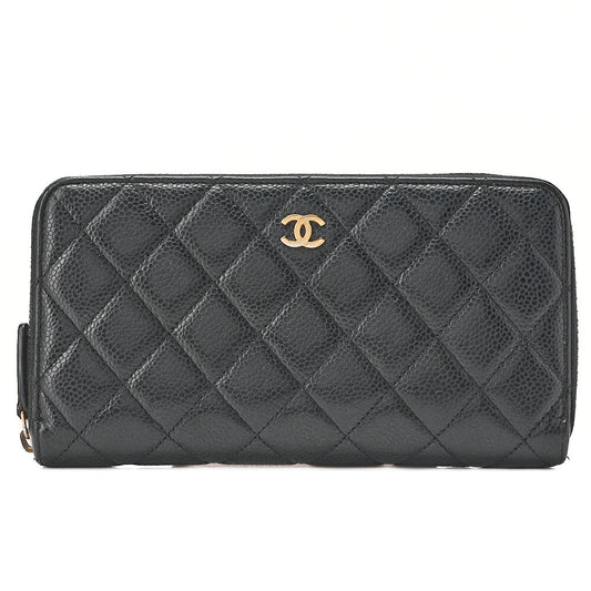 CHANEL Matelasse Round Long Wallet Caviar Skin Black Gold -Tone Hardware, Pre-Owned