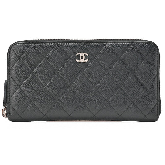 CHANEL Matelasse Round Long Wallet Caviar Skin Black Silver-Tone Hardware, Pre-Owned