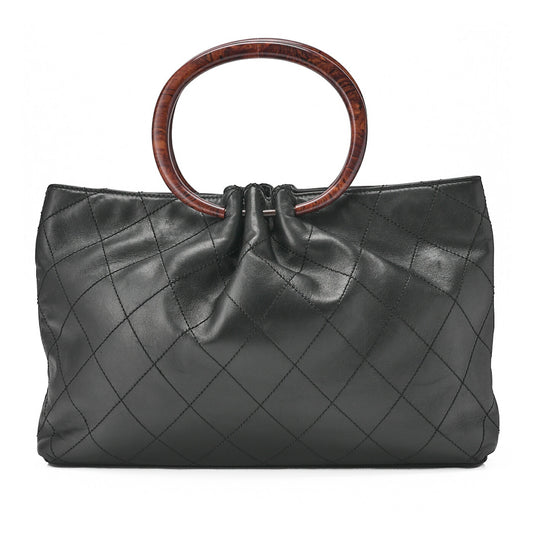 CHANEL Matelasse Wood Pattern Handbag Lambskin Black Gold-Tone Hardware, Pre-Owned