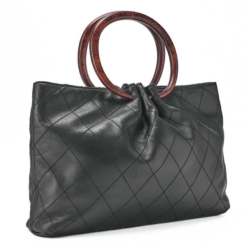 CHANEL Matelasse Wood Pattern Handbag Lambskin Black Gold-Tone Hardware, Pre-Owned