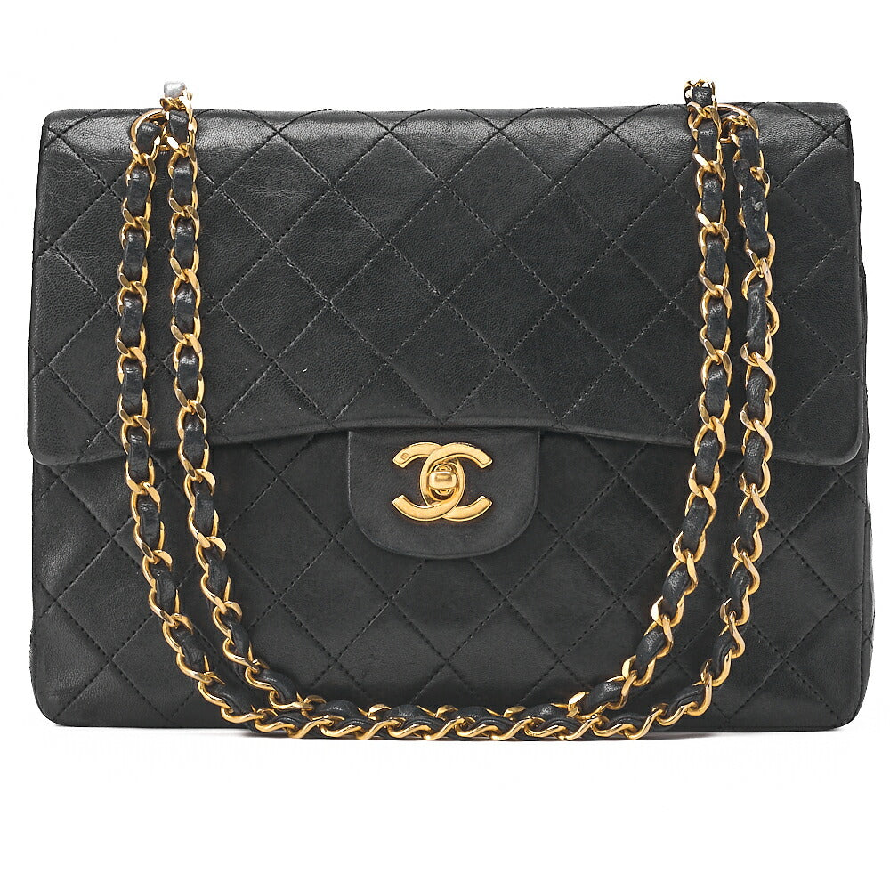 CHANEL Lambskin Matelasse Double Flap 25cm Square Chain Shoulder Black Gold-Tone Hardware, Pre-Owned
