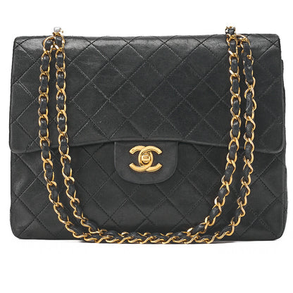 CHANEL Lambskin Matelasse Double Flap 25cm Square Chain Shoulder Black Gold-Tone Hardware, Pre-Owned