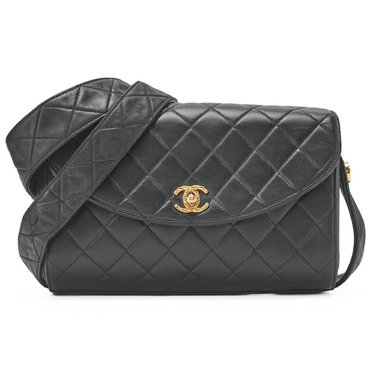 CHANEL Handbag Matelasse Round Flap One Shoulder Bag Single Lambskin Black Gold-Tone Hardware, Pre-Owned