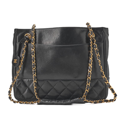 CHANEL Shoulder Bag Pull Charm Double Chain Shoulder Lambskin Black Gold-Tone Hardware, Pre-Owned