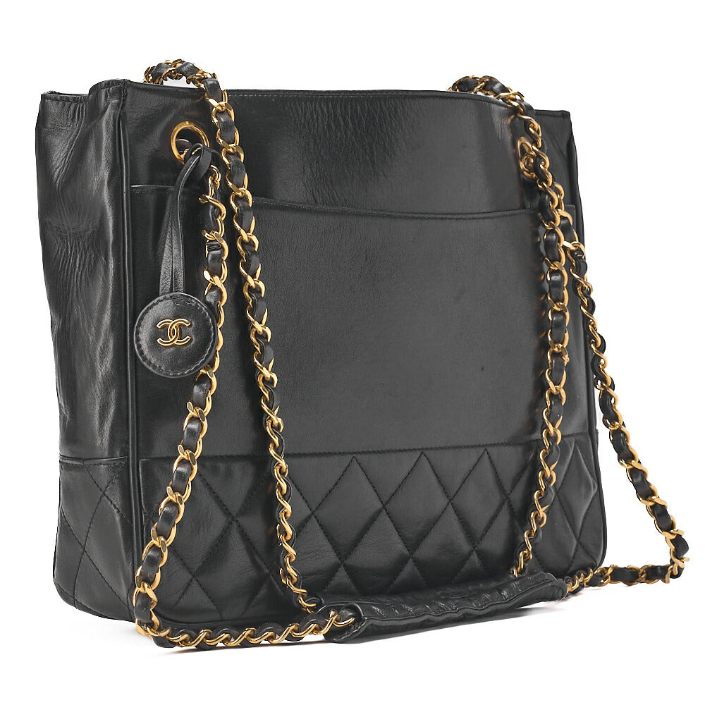 CHANEL Shoulder Bag Pull Charm Double Chain Shoulder Lambskin Black Gold-Tone Hardware, Pre-Owned