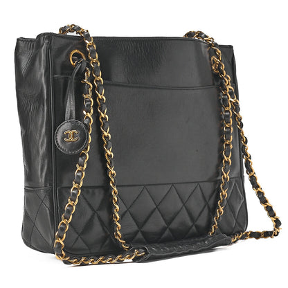 CHANEL Shoulder Bag Pull Charm Double Chain Shoulder Lambskin Black Gold-Tone Hardware, Pre-Owned