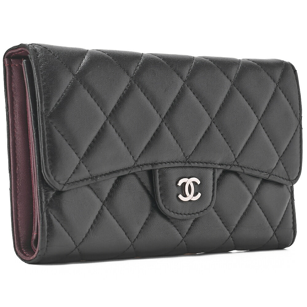 CHANEL Matelasse Tri-Fold Wallet Lambskin Black Gold-Tone Hardware, Pre-Owned
