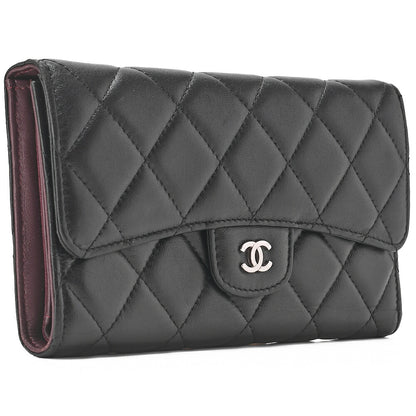 CHANEL Matelasse Tri-Fold Wallet Lambskin Black Gold-Tone Hardware, Pre-Owned