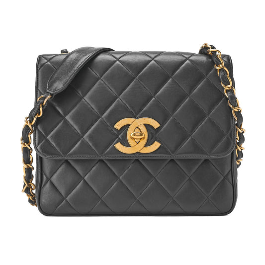 CHANEL Lambskin Matelasse Deca Coco Single Chain Shoulder Black Gold -Tone Hardware, Pre-Owned
