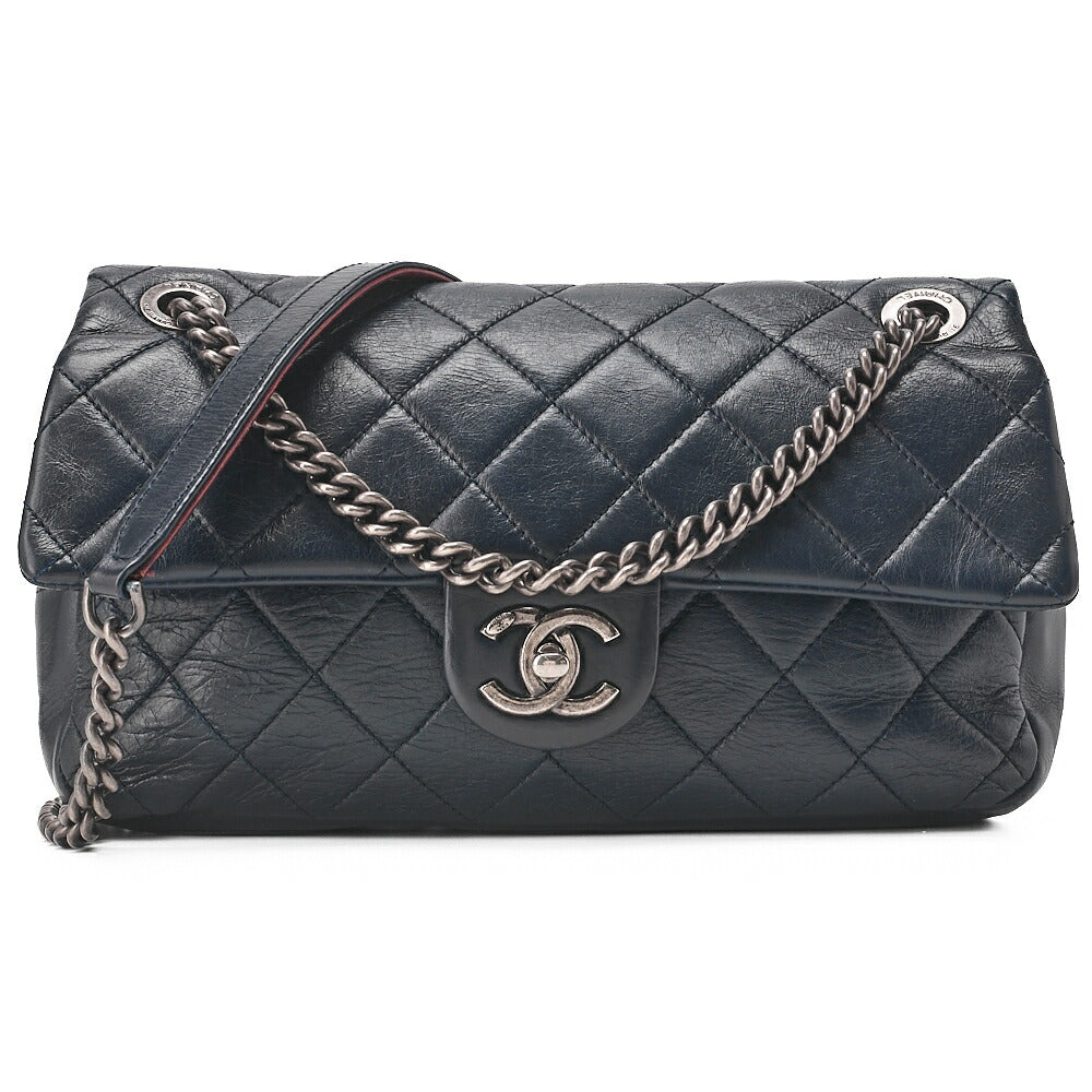 CHANEL Vintage Calf Matelasse Single Chain Shoulder Navy Silver-Tone Hardware, Pre-Owned