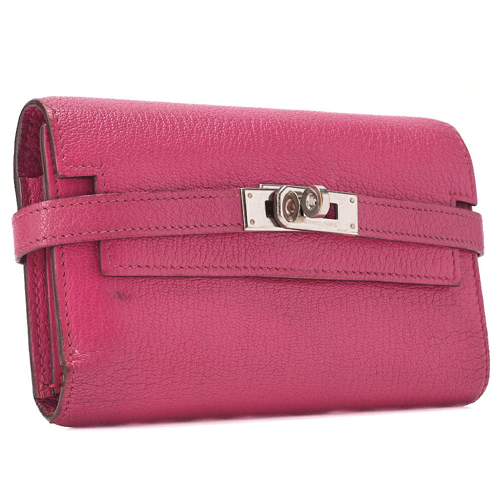 HERMES Kelly Wallet 3-Fold Long Wallet Chevre Rose Pink Silver-Tone Hardware, Pre-Owned